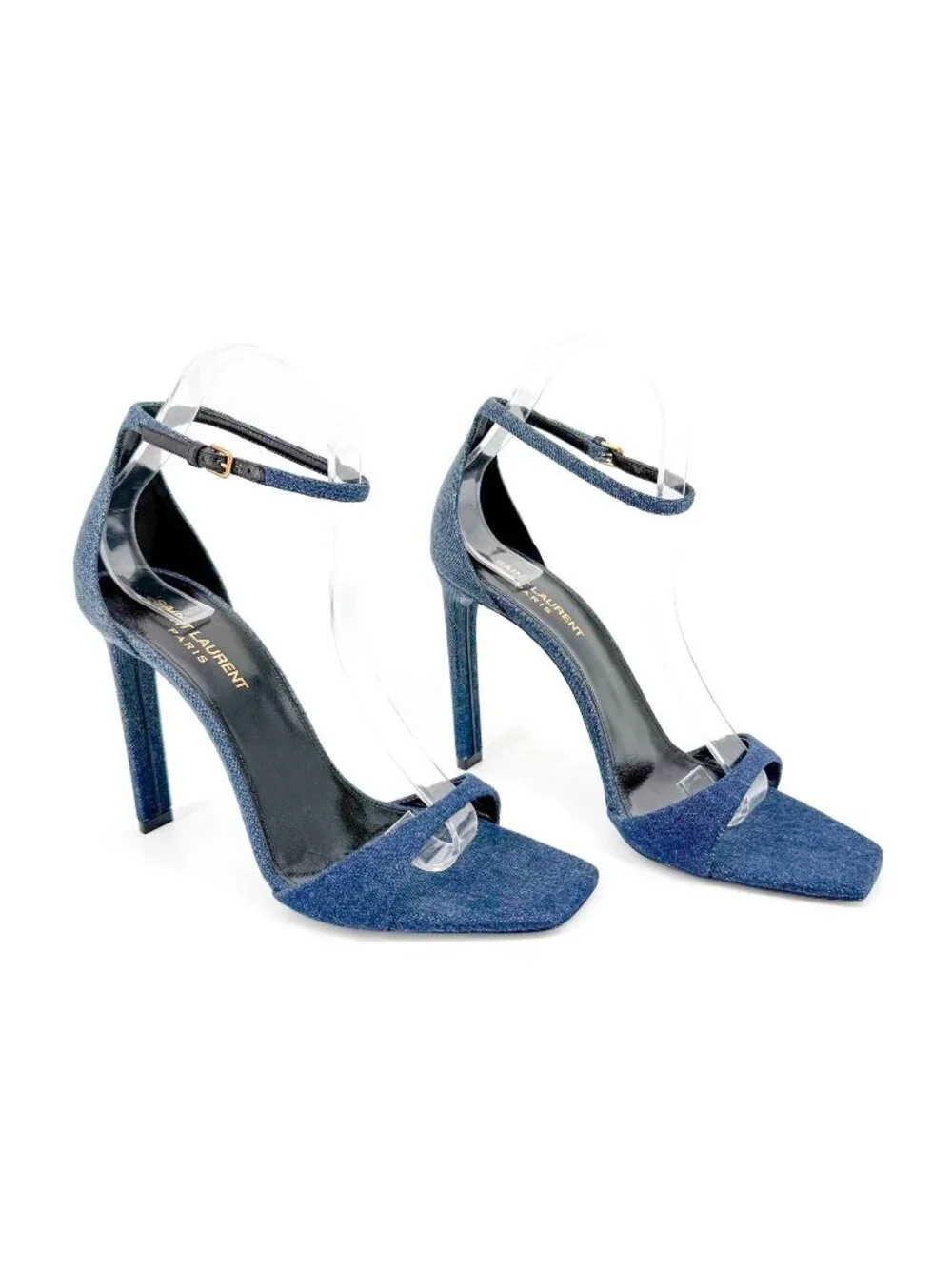 Saint Laurent Bea 105 Denim Sandals Heels Size 39 US 9 Blue Jean Ankle Strap